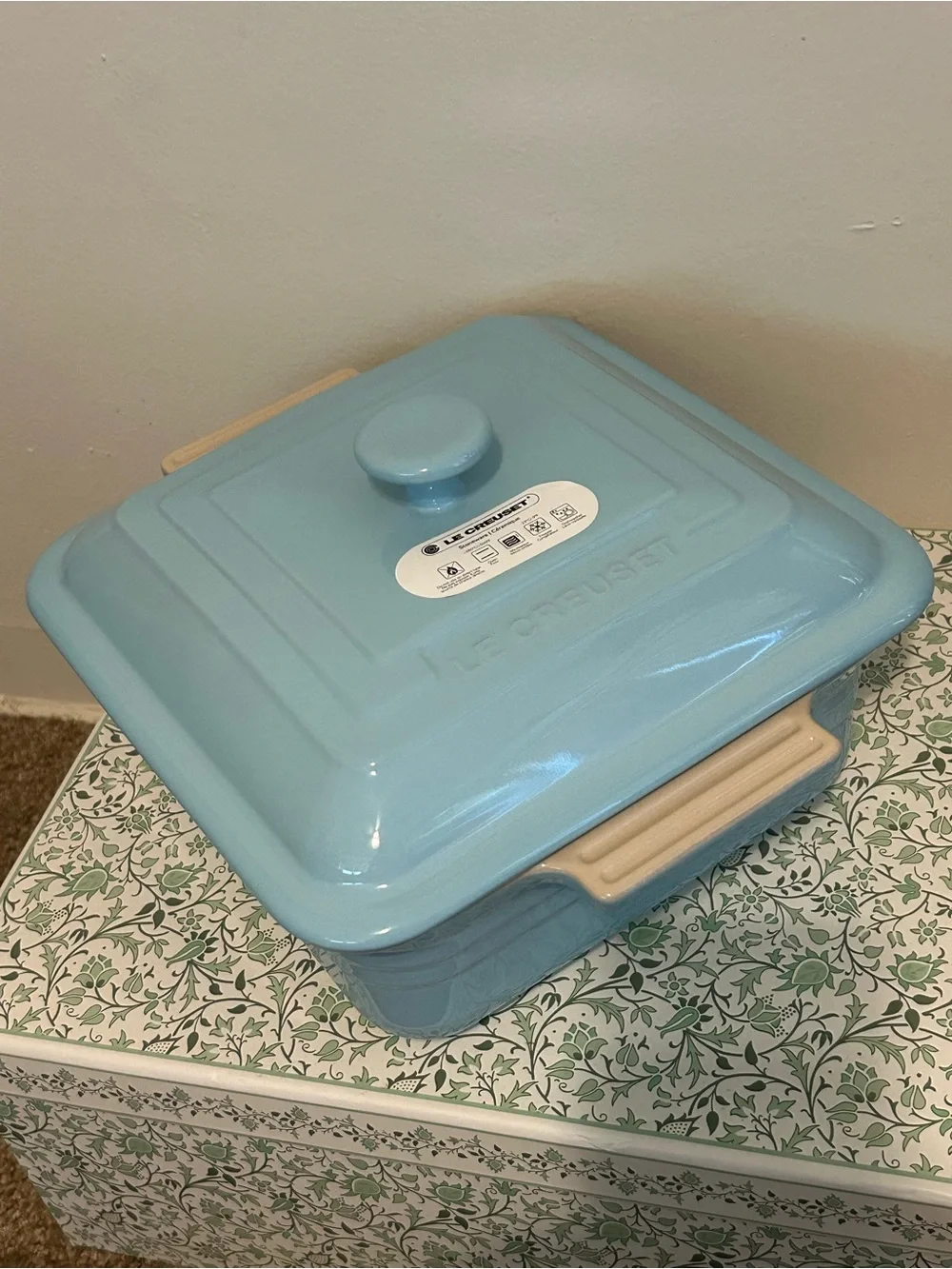 Le Creuset Light Blue Square Covered Casserole Dish with Cream Handles